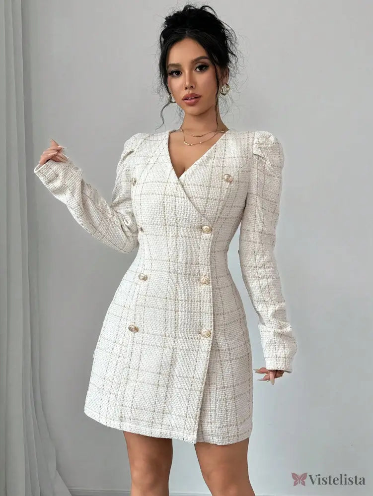 Vestido Blazer Curto Xadrez Manga Longa Com Botões