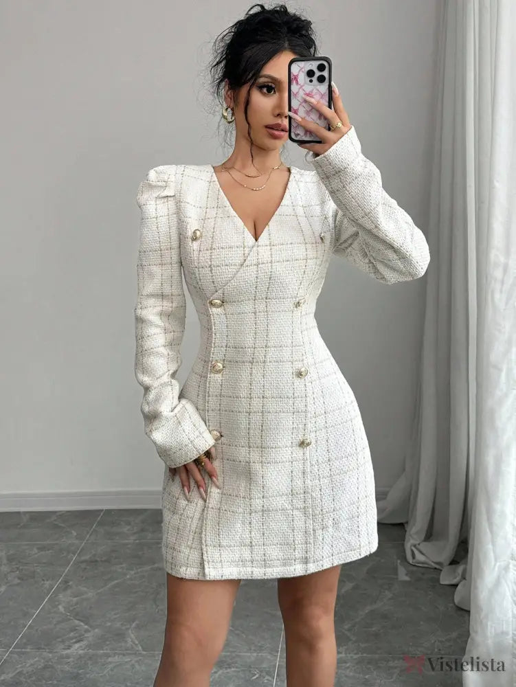Vestido Blazer Curto Xadrez Manga Longa Com Botões