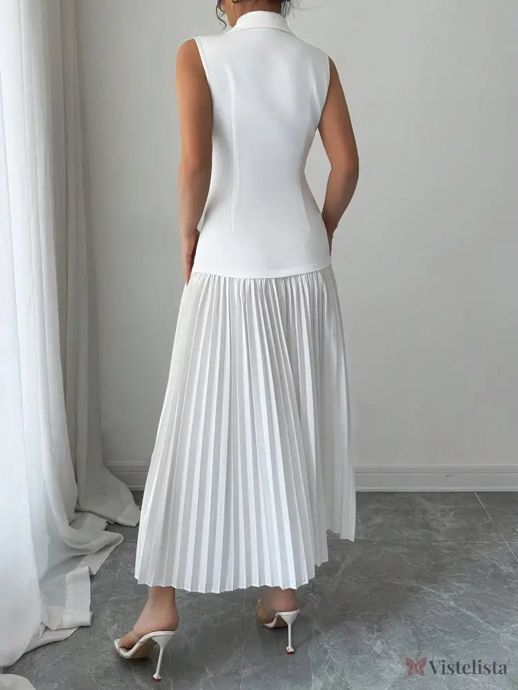 Vestido Blazer Longo Sem Manga Com Saia Plissada Elegante