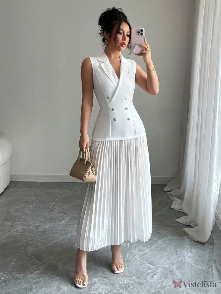 Vestido Blazer Longo Sem Manga Com Saia Plissada Elegante