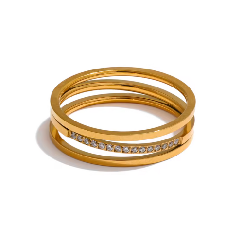 Anel 3 Camadas com Zircônia Banhado a Ouro 18k