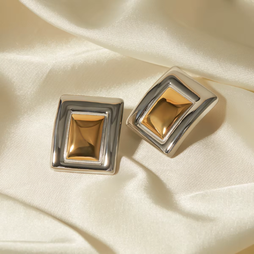 Brinco Retangulares Prata e Dourado Banhado a Ouro 18K