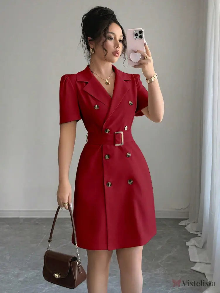 Vestido Blazer Curto Alfaiataria Com Cinto E Botões