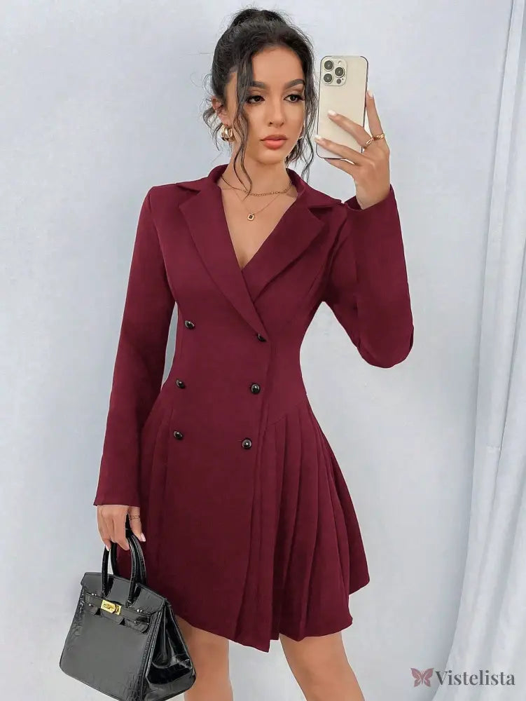 Vestido Blazer Curto Alfaiataria Plissado Com Botões