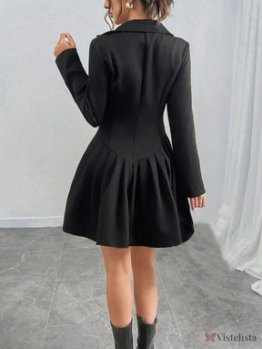 Vestido Blazer Curto Alfaiataria Plissado Com Botões