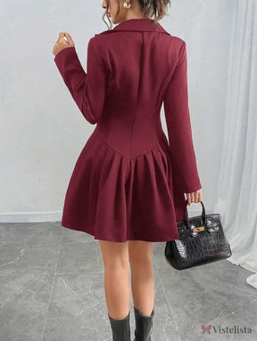 Vestido Blazer Curto Alfaiataria Plissado Com Botões