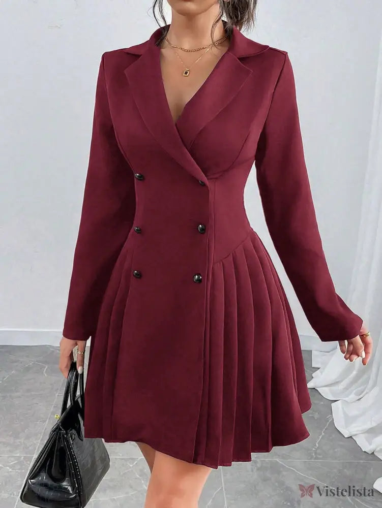 Vestido Blazer Curto Alfaiataria Plissado Com Botões