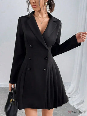 Vestido Blazer Curto Alfaiataria Plissado Com Botões