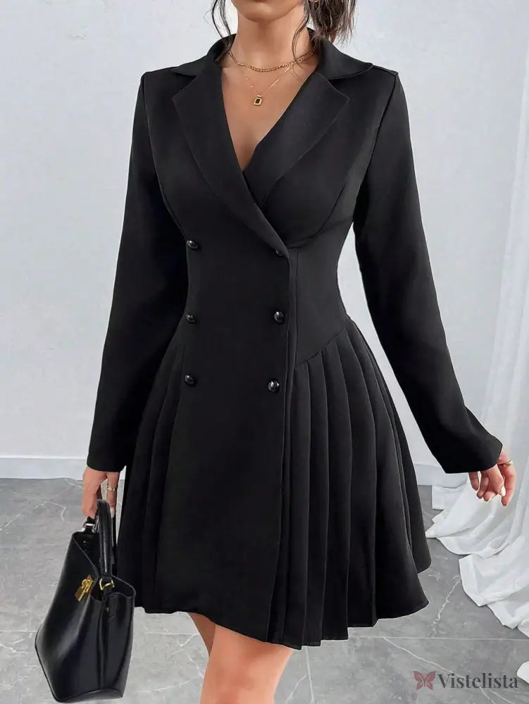 Vestido Blazer Curto Alfaiataria Plissado Com Botões