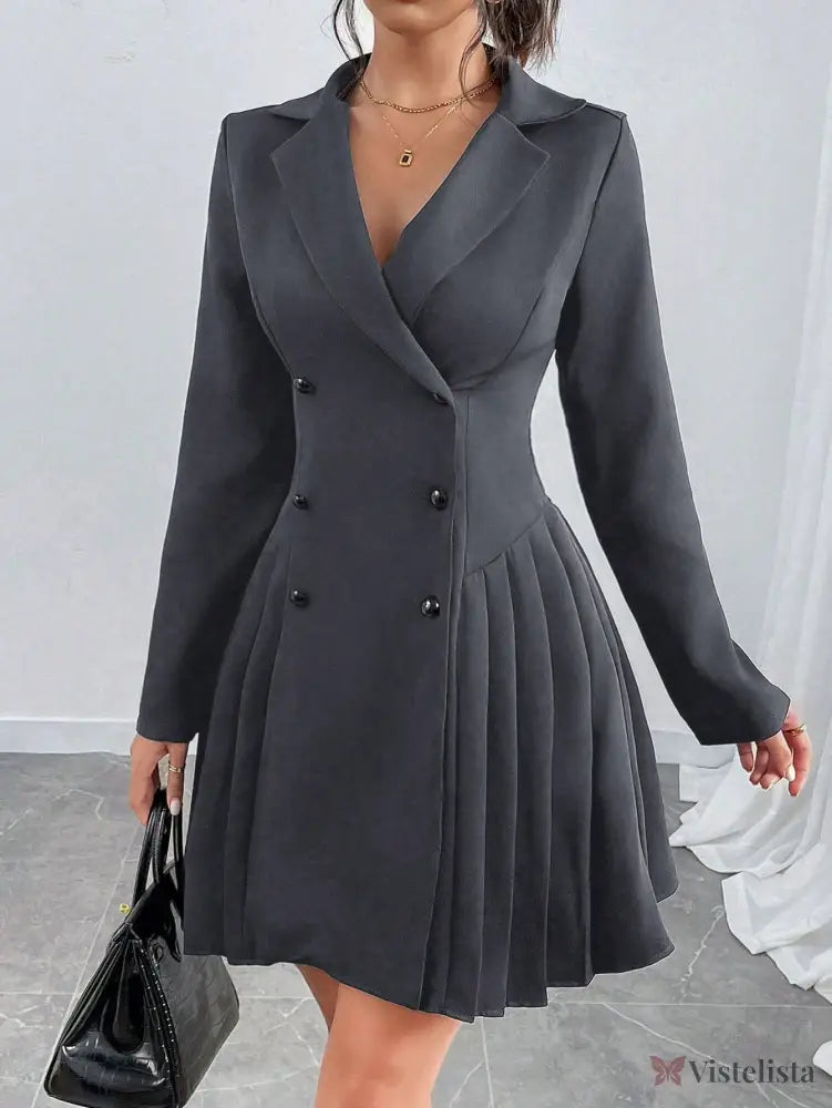 Vestido Blazer Curto Alfaiataria Plissado Com Botões