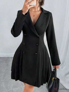 Vestido Blazer Curto Alfaiataria Plissado Com Botões