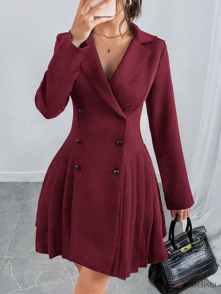 Vestido Blazer Curto Alfaiataria Plissado Com Botões