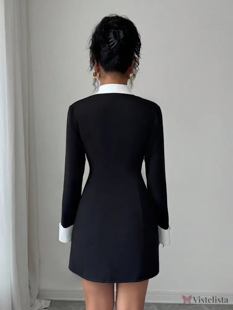 Vestido Blazer Curto Bicolor Alfaiataria Com Botões Elegante