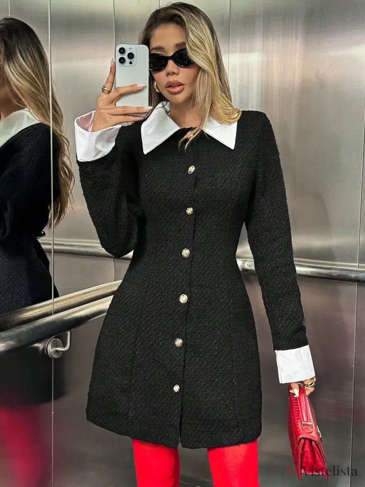 Vestido Blazer Curto Bicolor Com Gola E Punhos Contrastantes