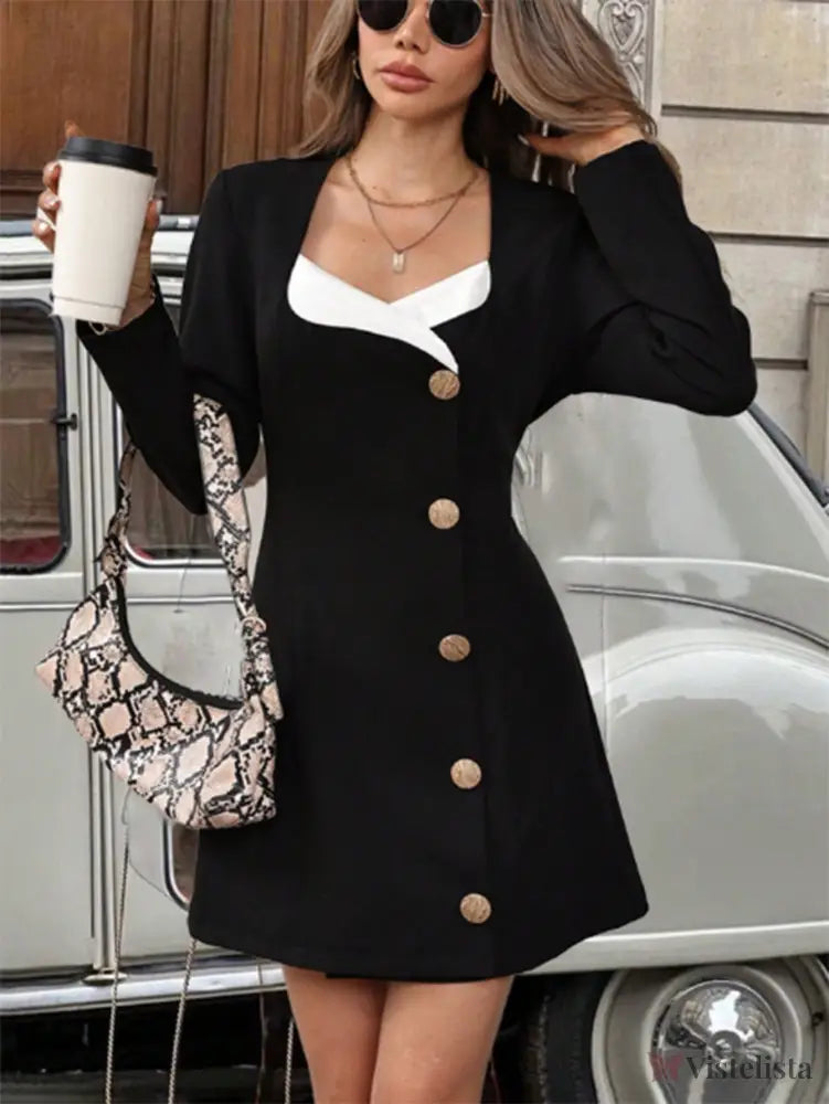 Vestido Blazer Curto Elegante Decote V Com Botões Frontais