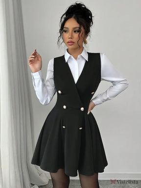 Vestido Blazer Curto Rodado Com Camisa Sobreposta Elegante