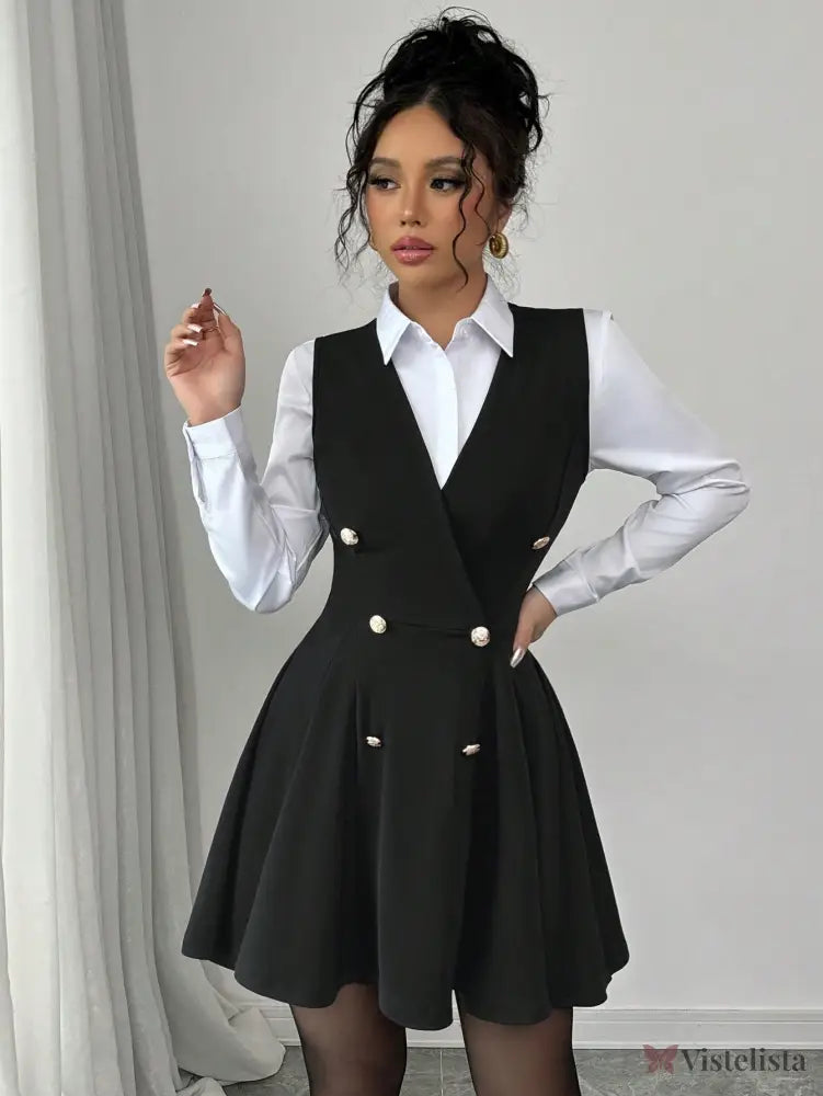Vestido Blazer Curto Rodado Com Camisa Sobreposta Elegante