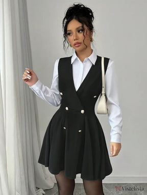Vestido Blazer Curto Rodado Com Camisa Sobreposta Elegante