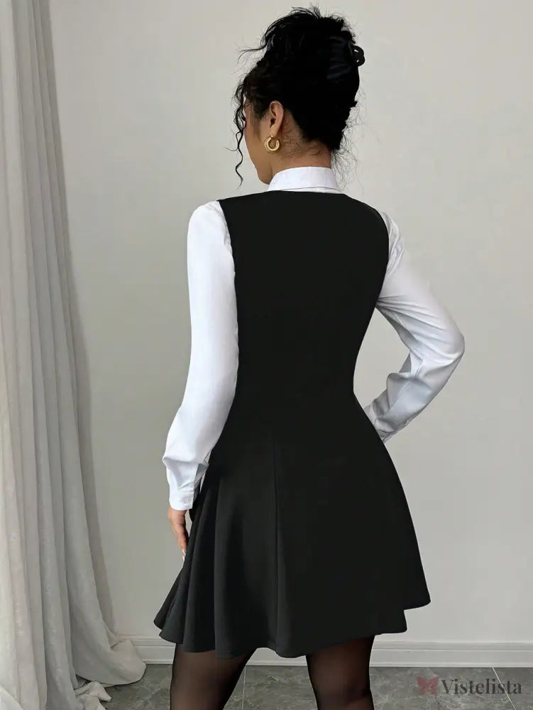 Vestido Blazer Curto Rodado Com Camisa Sobreposta Elegante