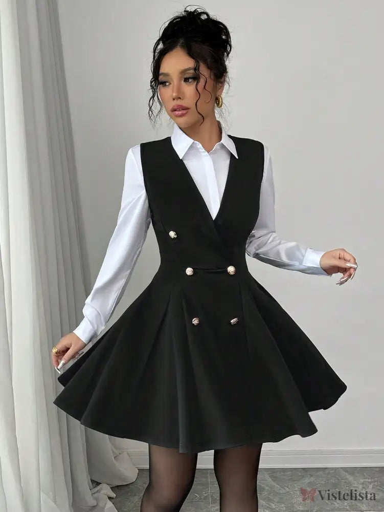 Vestido Blazer Curto Rodado Com Camisa Sobreposta Elegante