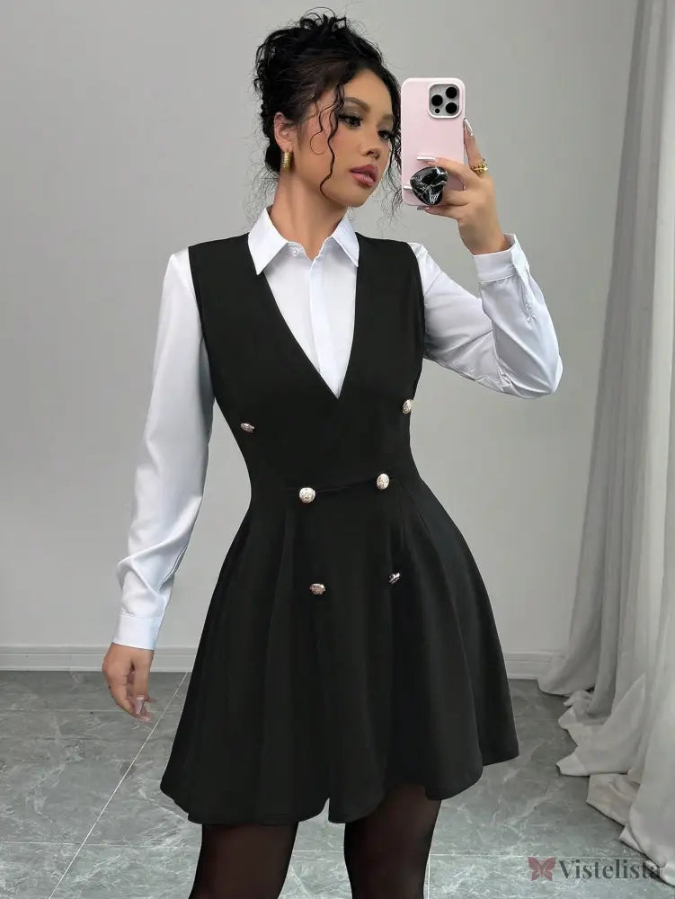 Vestido Blazer Curto Rodado Com Camisa Sobreposta Elegante