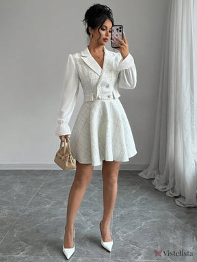 Vestido Blazer Curto Rodado Com Manga Longa E Botões