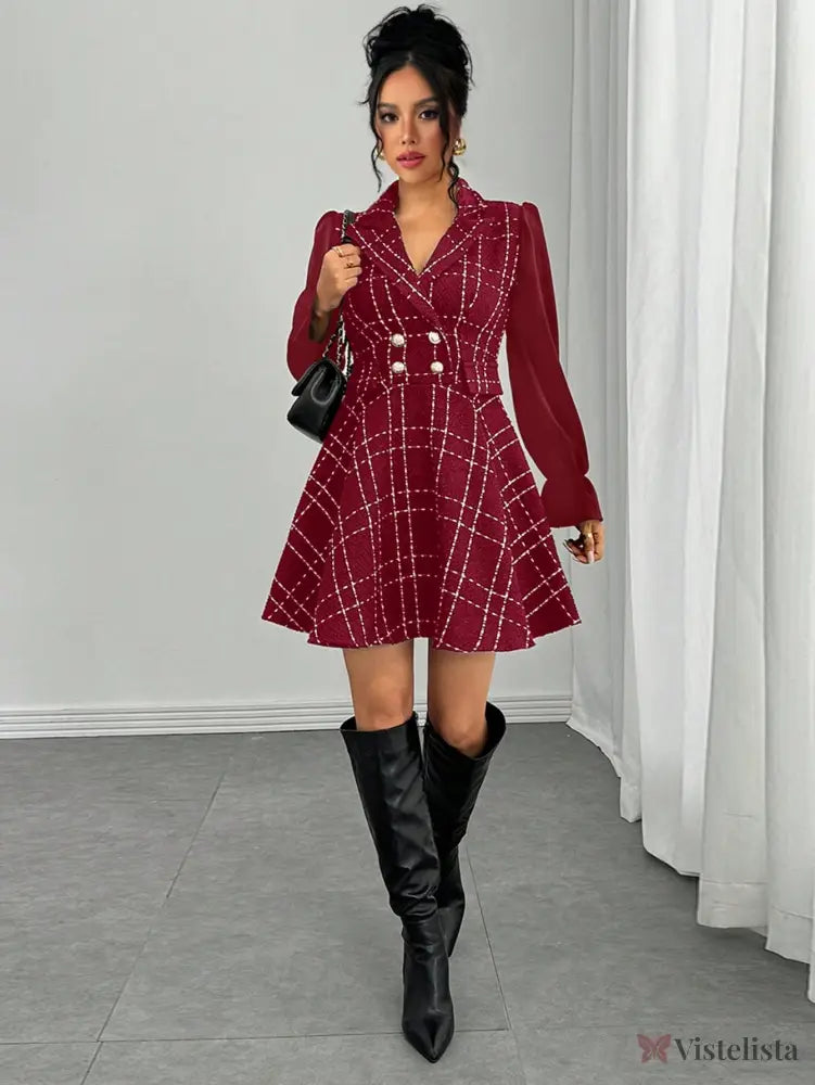 Vestido Blazer Curto Rodado Com Manga Longa E Botões