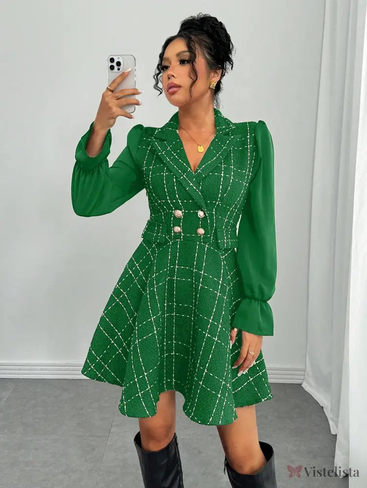 Vestido Blazer Curto Rodado Com Manga Longa E Botões