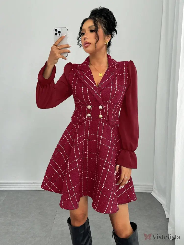 Vestido Blazer Curto Rodado Com Manga Longa E Botões