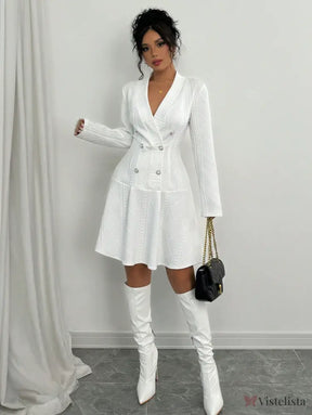 Vestido Blazer Curto Rodado Texturizado Com Botões Elegante