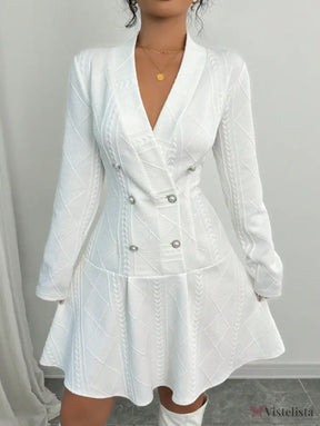 Vestido Blazer Curto Rodado Texturizado Com Botões Elegante