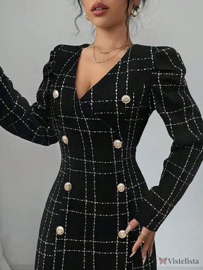 Vestido Blazer Curto Xadrez Manga Longa Com Botões
