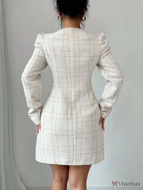 Vestido Blazer Curto Xadrez Manga Longa Com Botões