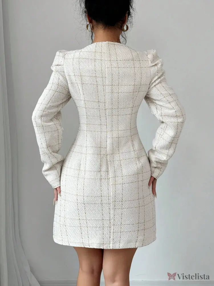 Vestido Blazer Curto Xadrez Manga Longa Com Botões