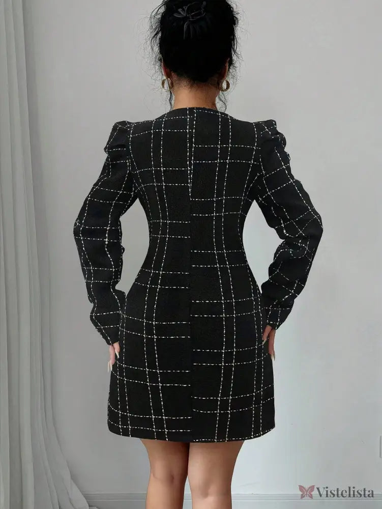 Vestido Blazer Curto Xadrez Manga Longa Com Botões