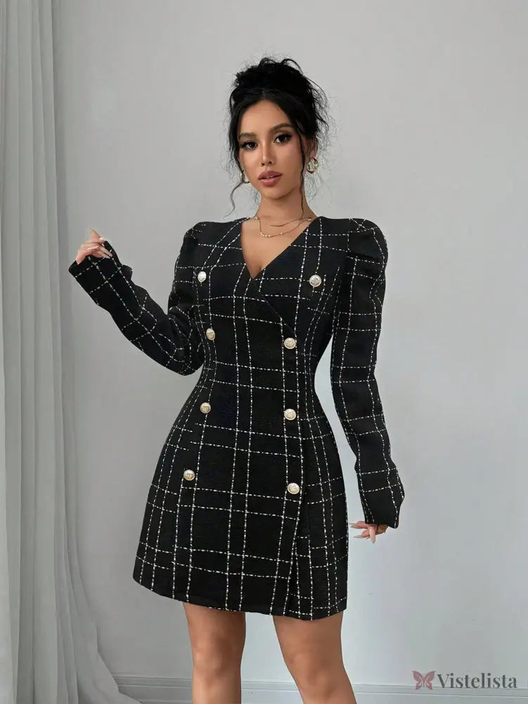 Vestido Blazer Curto Xadrez Manga Longa Com Botões