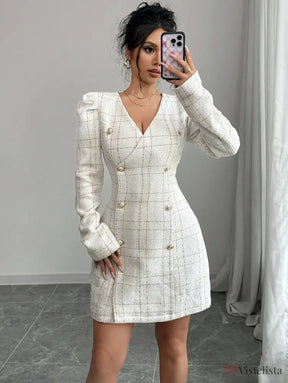 Vestido Blazer Curto Xadrez Manga Longa Com Botões