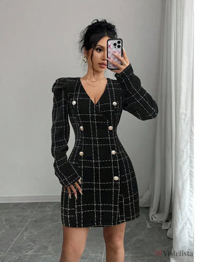 Vestido Blazer Curto Xadrez Manga Longa Com Botões