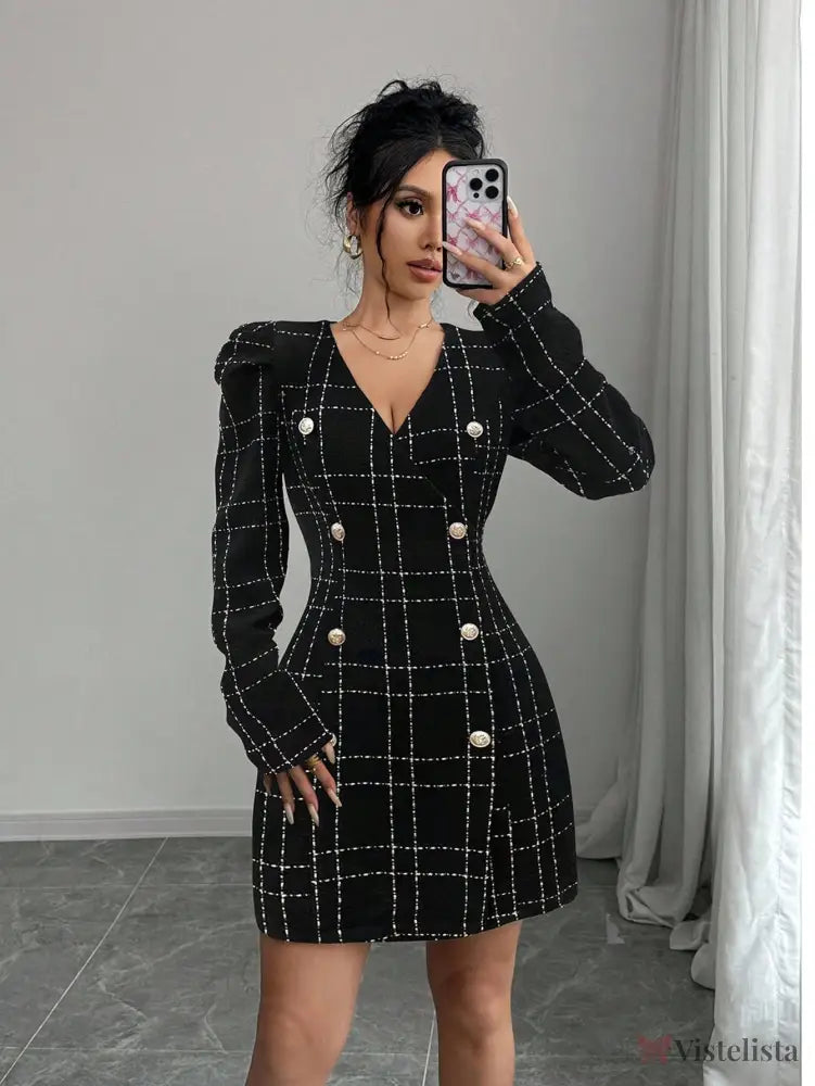 Vestido Blazer Curto Xadrez Manga Longa Com Botões