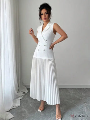 Vestido Blazer Longo Sem Manga Com Saia Plissada Elegante