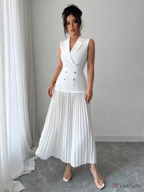 Vestido Blazer Longo Sem Manga Com Saia Plissada Elegante