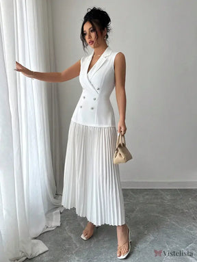 Vestido Blazer Longo Sem Manga Com Saia Plissada Elegante