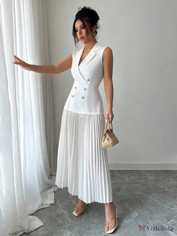 Vestido Blazer Longo Sem Manga Com Saia Plissada Elegante