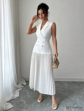 Vestido Blazer Longo Sem Manga Com Saia Plissada Elegante