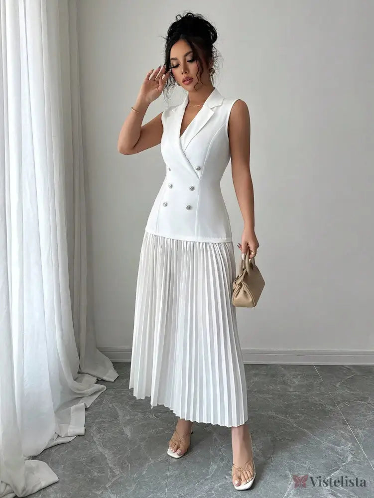 Vestido Blazer Longo Sem Manga Com Saia Plissada Elegante