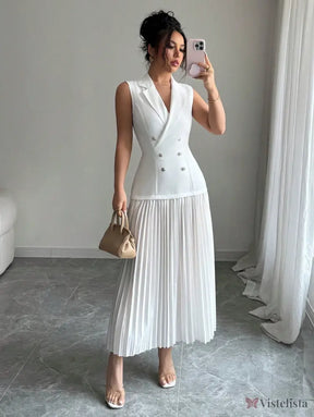Vestido Blazer Longo Sem Manga Com Saia Plissada Elegante