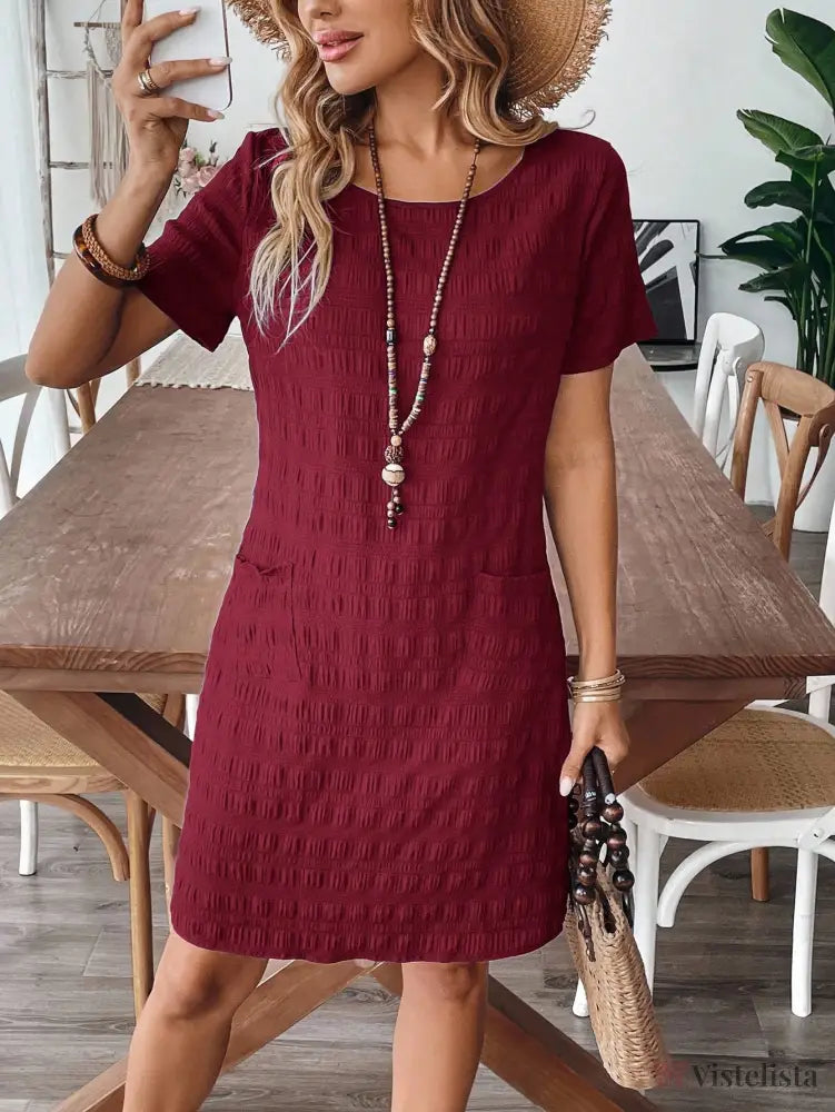 Vestido Curto Casual Texturizado Com Bolsos
