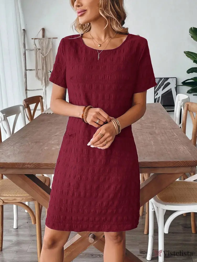 Vestido Curto Casual Texturizado Com Bolsos