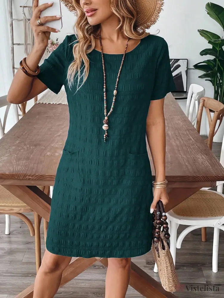 Vestido Curto Casual Texturizado Com Bolsos