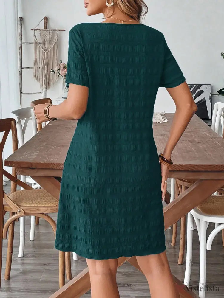 Vestido Curto Casual Texturizado Com Bolsos